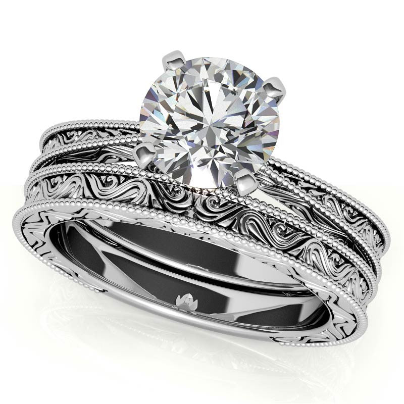 Engraved Moissanite Solitaire Ring with Milgrain