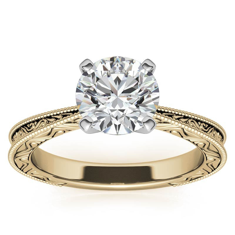 Engraved Moissanite Solitaire Ring with Milgrain