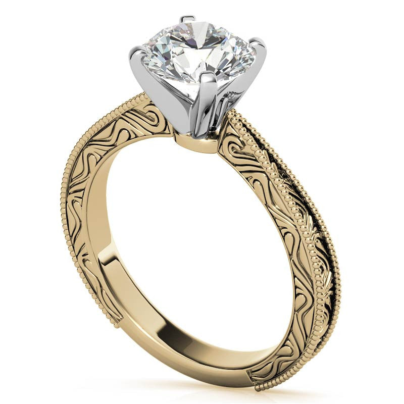 Engraved Moissanite Solitaire Ring with Milgrain