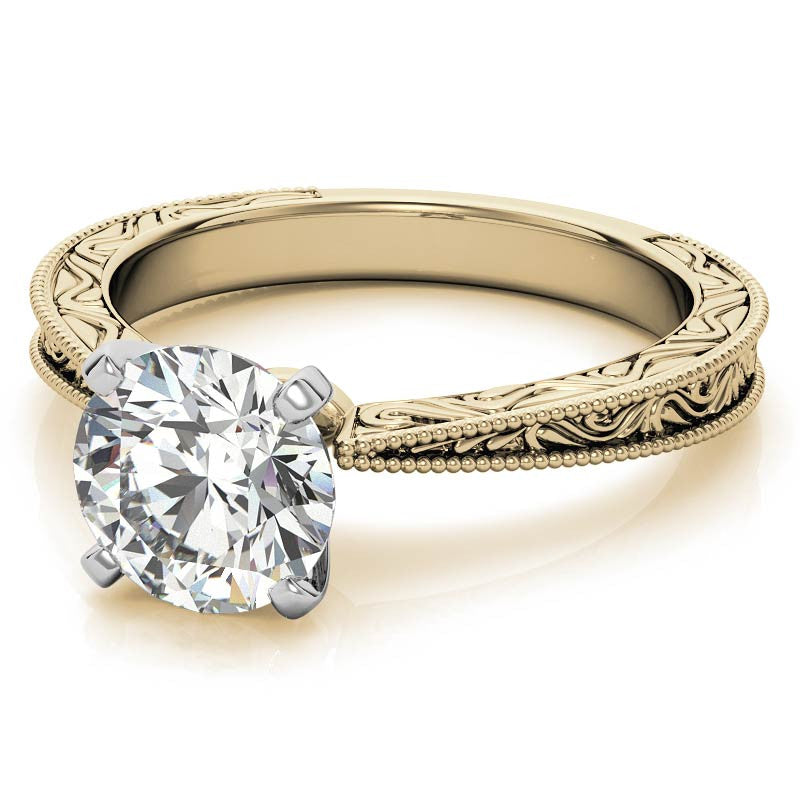 Engraved Moissanite Solitaire Ring with Milgrain