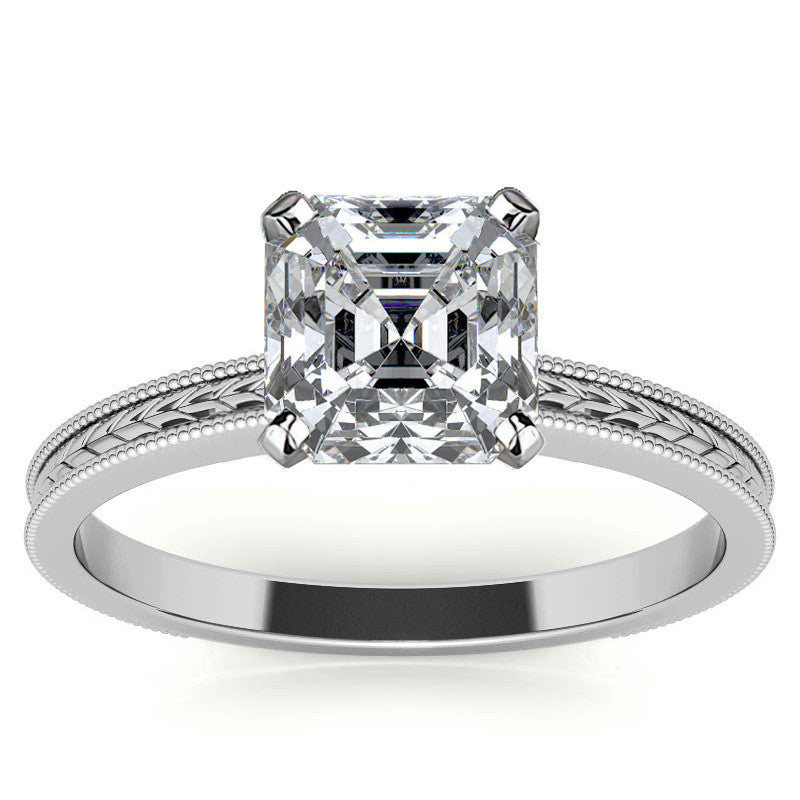 Etched Moissanite Solitaire Ring with Milgrain