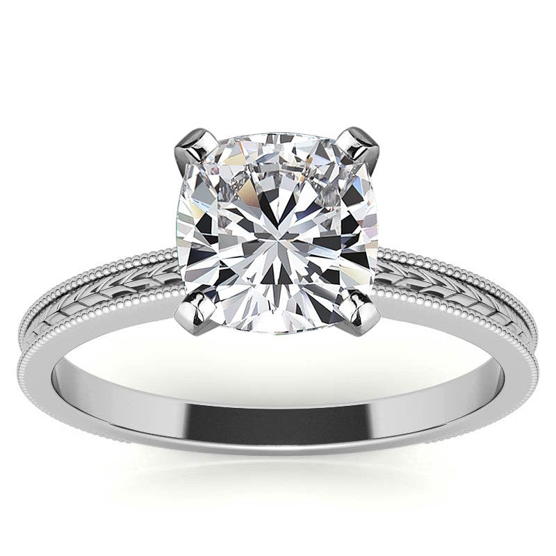 Etched Moissanite Solitaire Ring with Milgrain