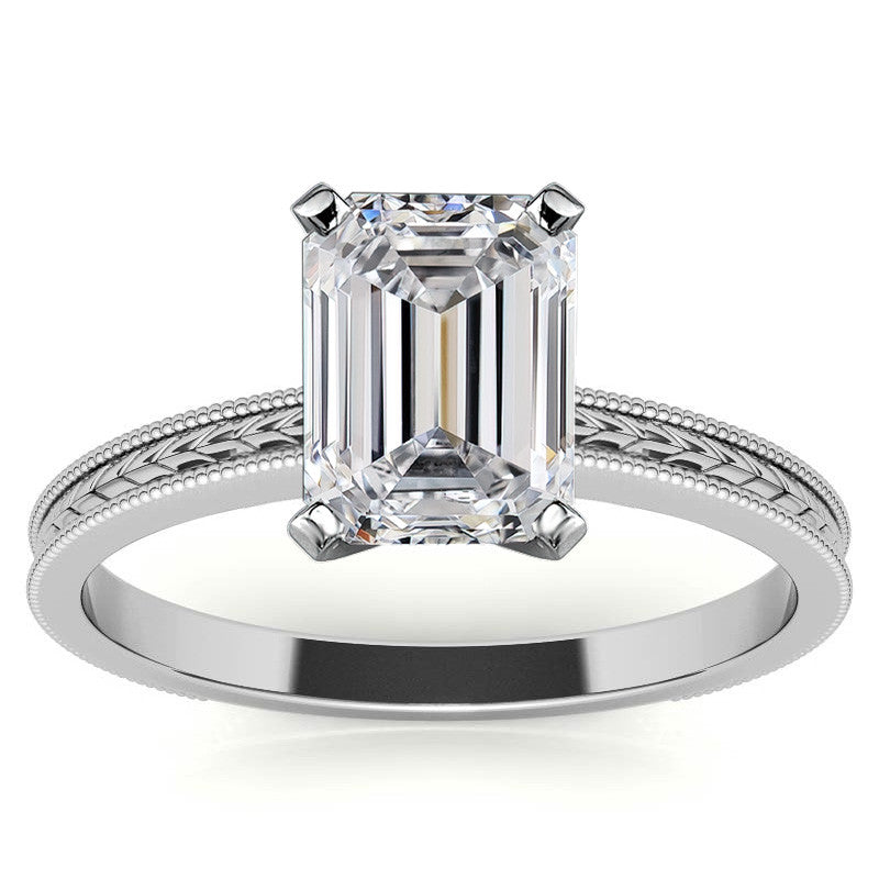 Etched Moissanite Solitaire Ring with Milgrain