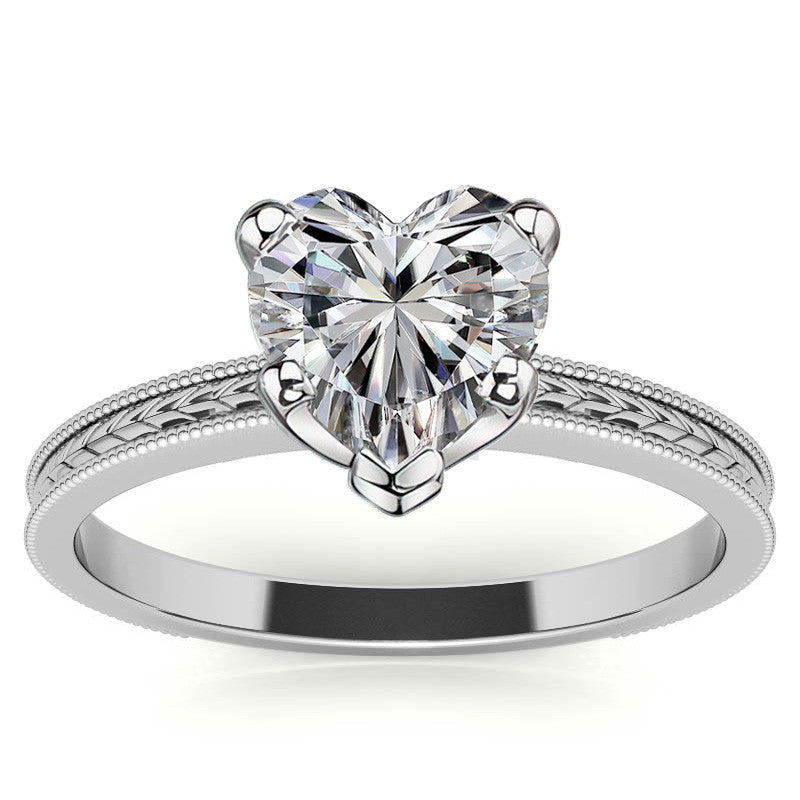 Etched Moissanite Solitaire Ring with Milgrain