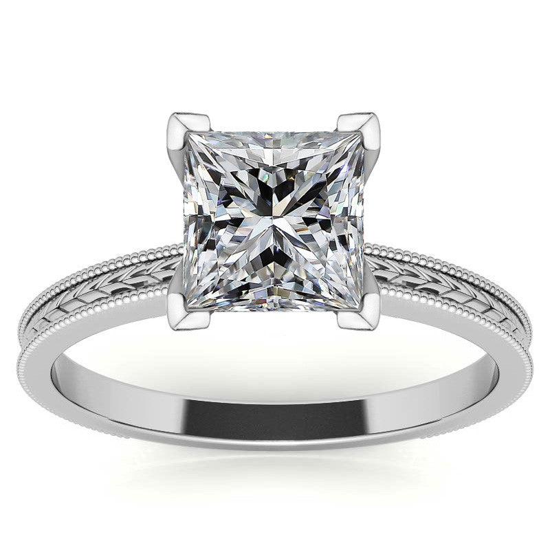 Etched Moissanite Solitaire Ring with Milgrain