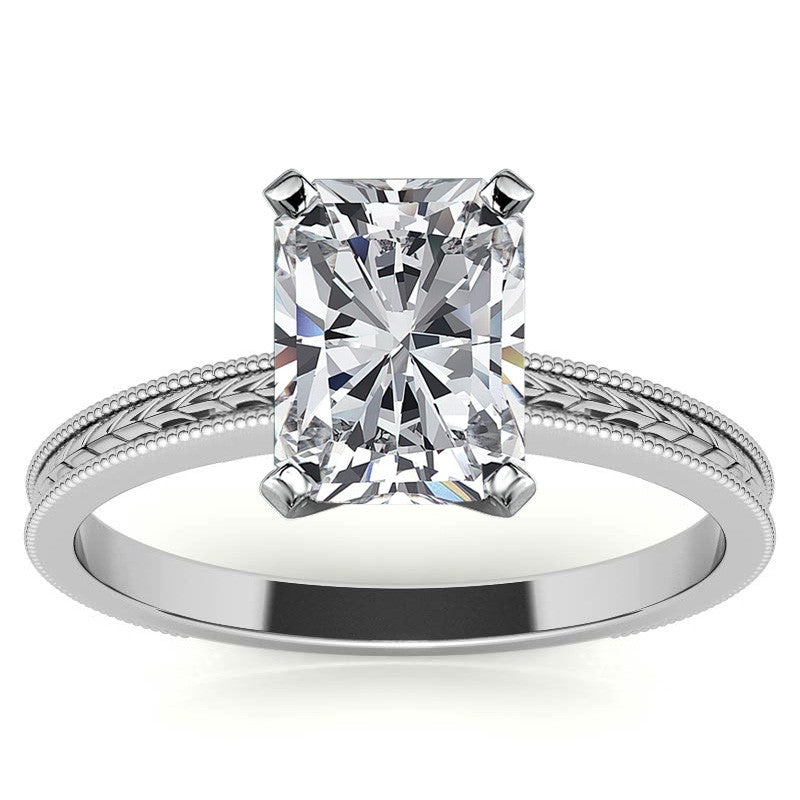 Etched Moissanite Solitaire Ring with Milgrain