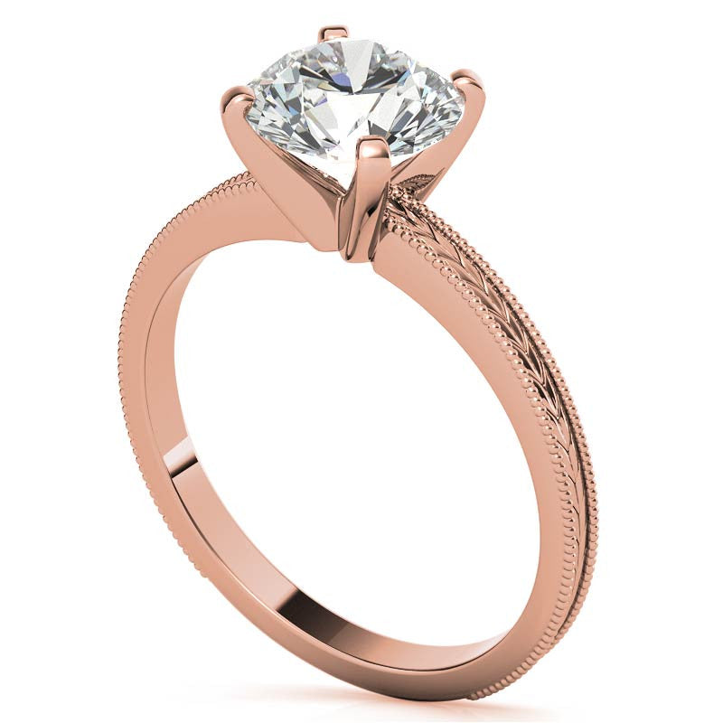 Etched Moissanite Solitaire Ring with Milgrain