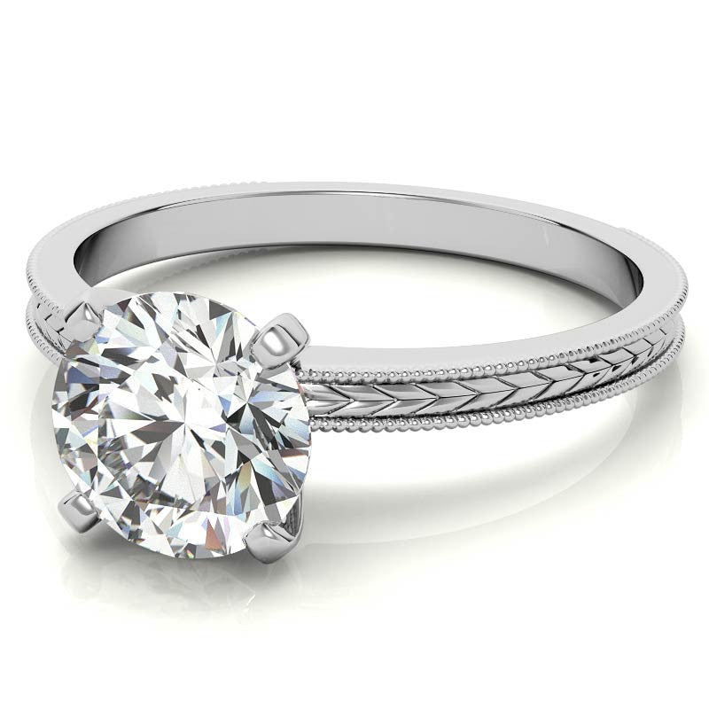 Etched Moissanite Solitaire Ring with Milgrain