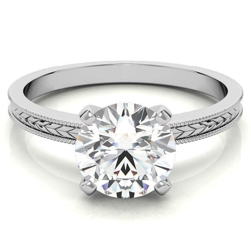 Etched Moissanite Solitaire Ring with Milgrain