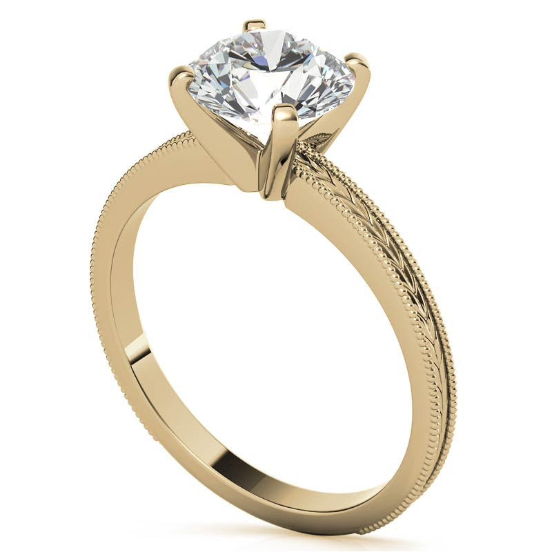 Etched Moissanite Solitaire Ring with Milgrain