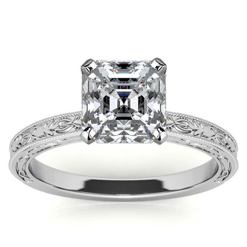 Antique Design Moissanite Solitaire Ring with Milgrain
