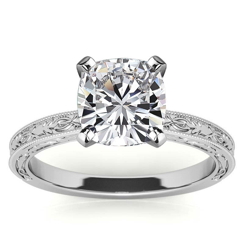 Antique Design Moissanite Solitaire Ring with Milgrain