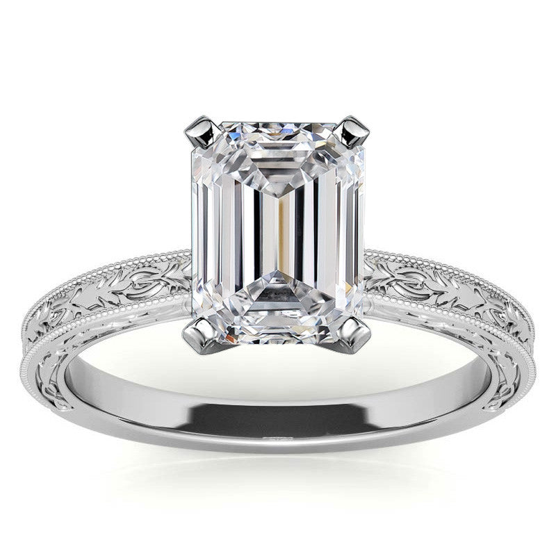Antique Design Moissanite Solitaire Ring with Milgrain