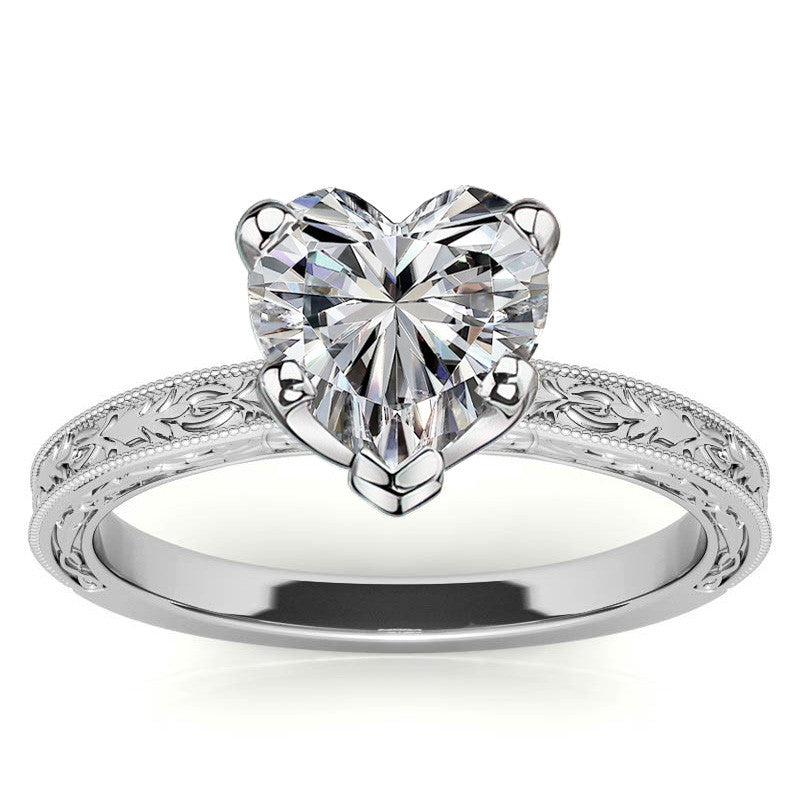 Antique Design Moissanite Solitaire Ring with Milgrain