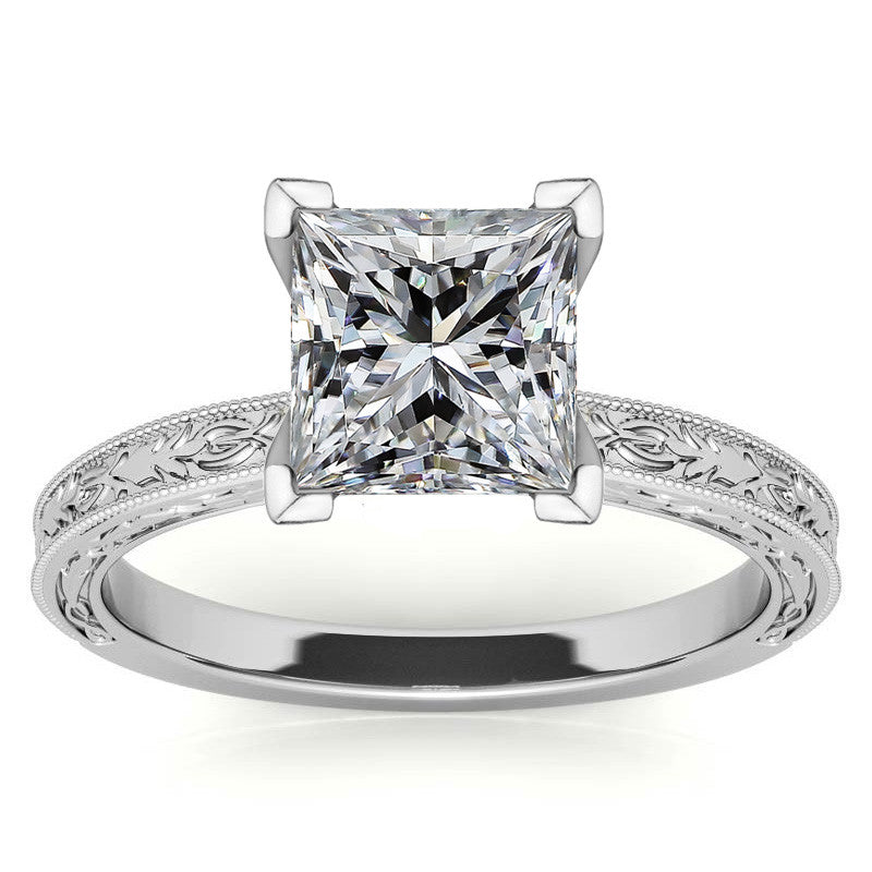 Antique Design Moissanite Solitaire Ring with Milgrain