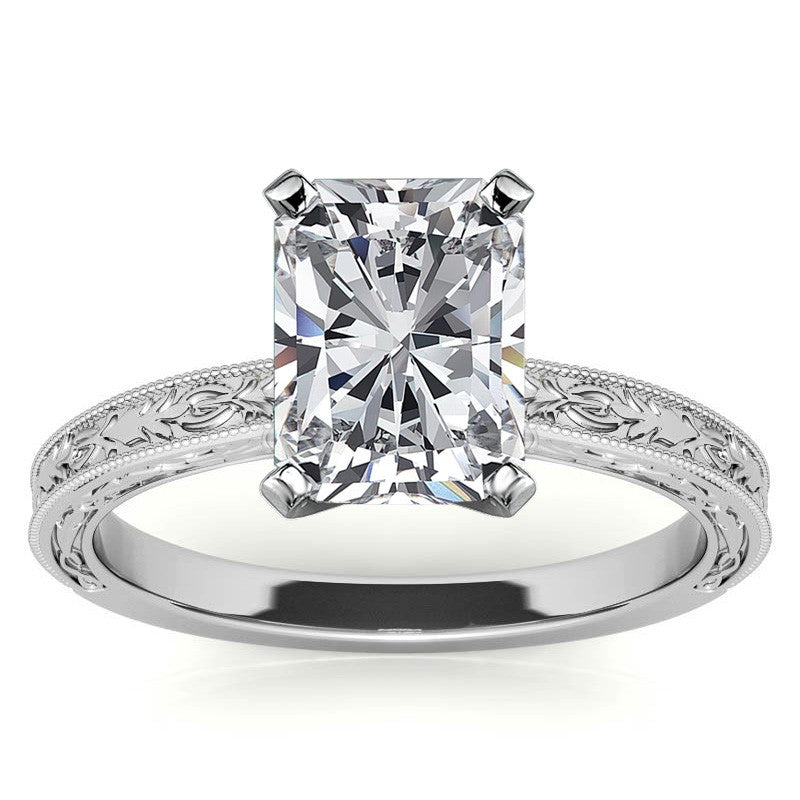 Antique Design Moissanite Solitaire Ring with Milgrain