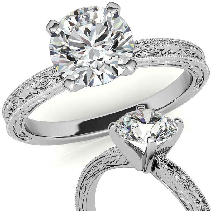 Antique Design Moissanite Solitaire Ring with Milgrain