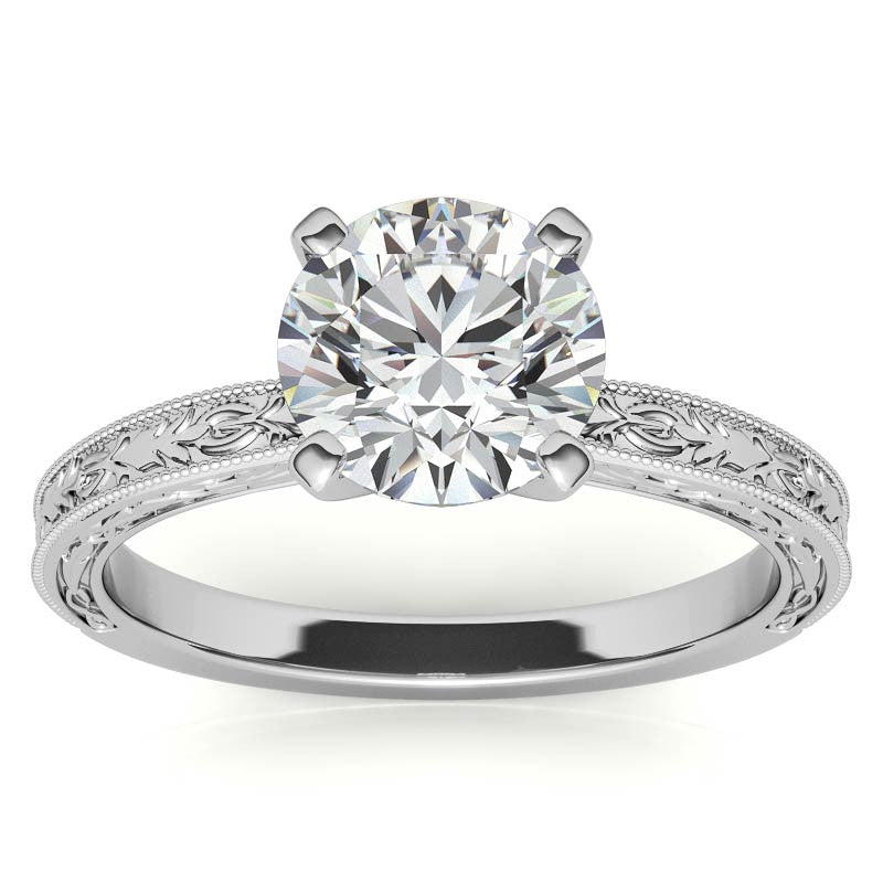 Antique Design Moissanite Solitaire Ring with Milgrain