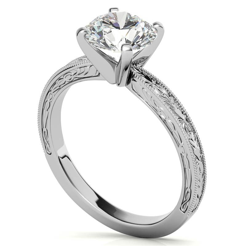 Antique Design Moissanite Solitaire Ring with Milgrain