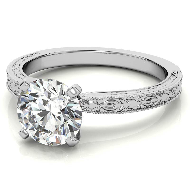 Antique Design Moissanite Solitaire Ring with Milgrain