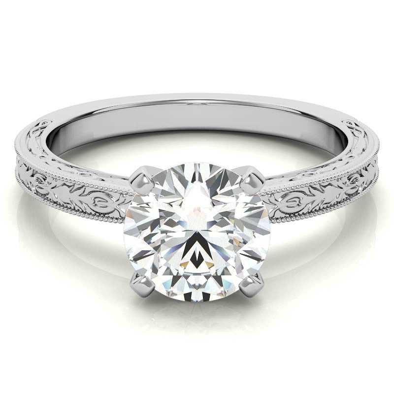 Antique Design Moissanite Solitaire Ring with Milgrain