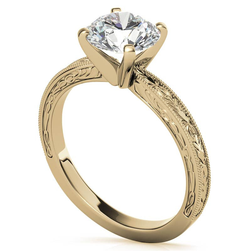 Antique Design Moissanite Solitaire Ring with Milgrain
