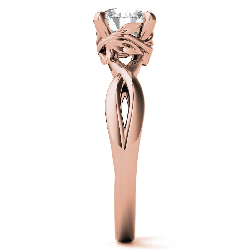 Round Infinity Style Moissanite Solitaire Ring with Leaf Accents