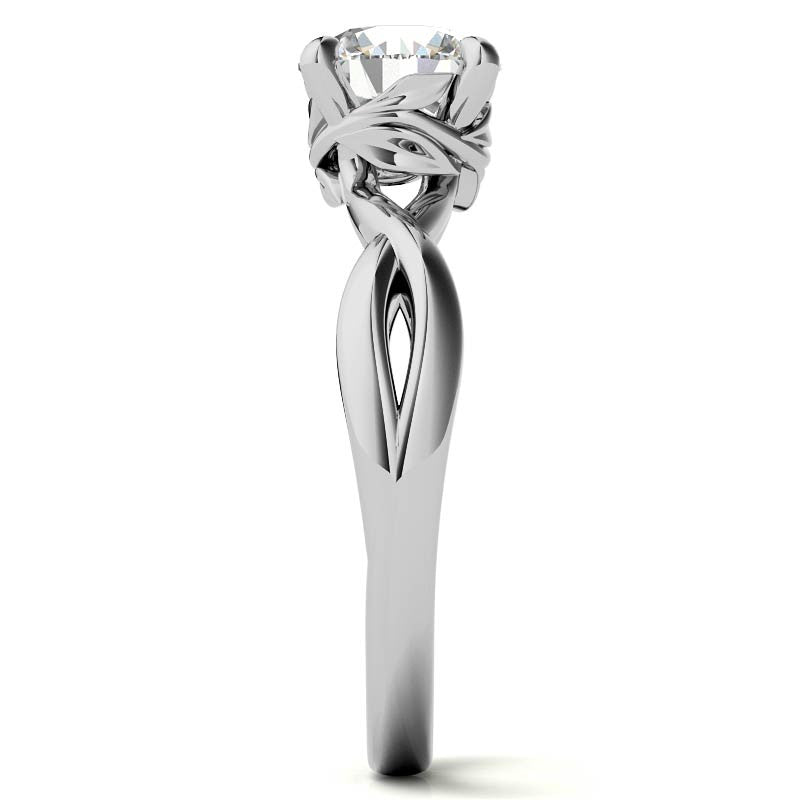 Round Infinity Style Moissanite Solitaire Ring with Leaf Accents
