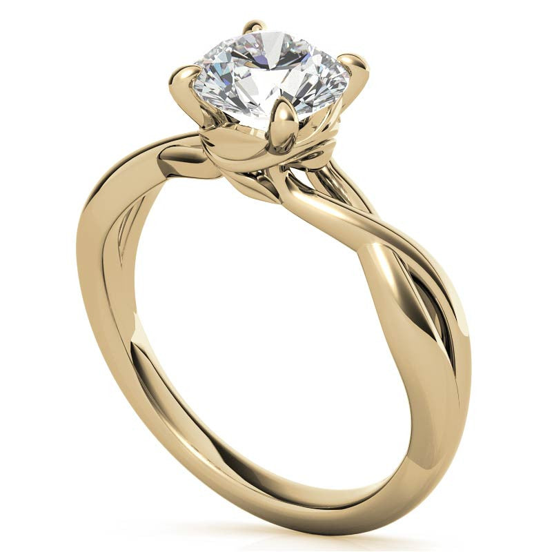 Round Infinity Style Moissanite Solitaire Ring with Leaf Accents