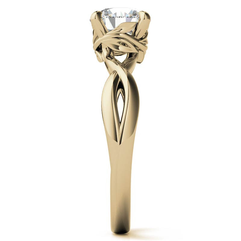 Round Infinity Style Moissanite Solitaire Ring with Leaf Accents