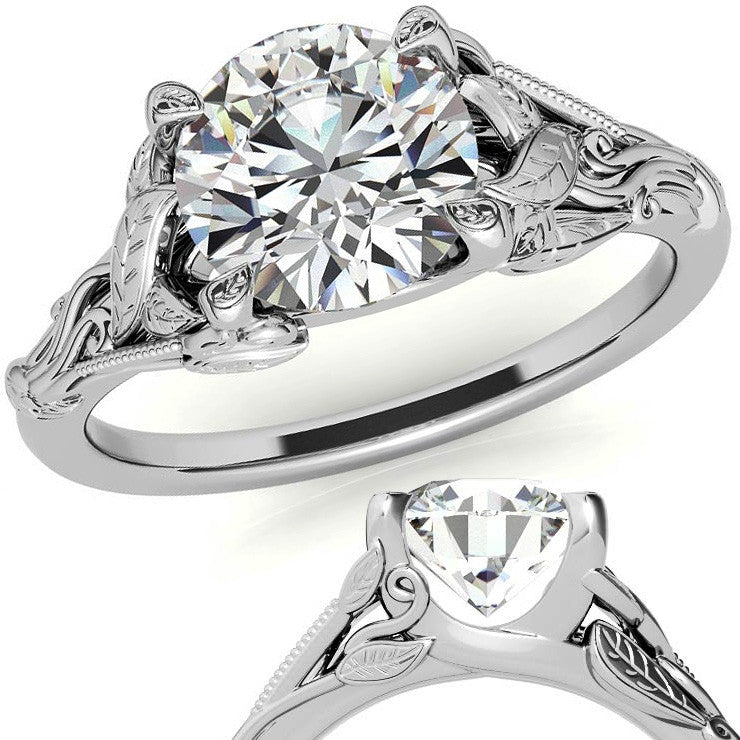 Round Leaf Engraved Moissanite Solitaire Ring