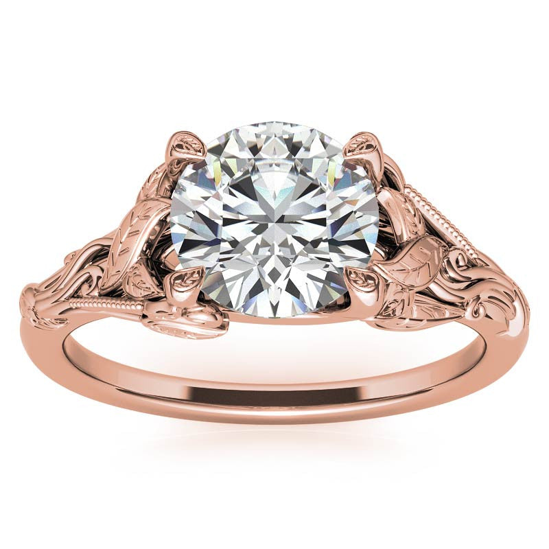 Round Leaf Engraved Moissanite Solitaire Ring