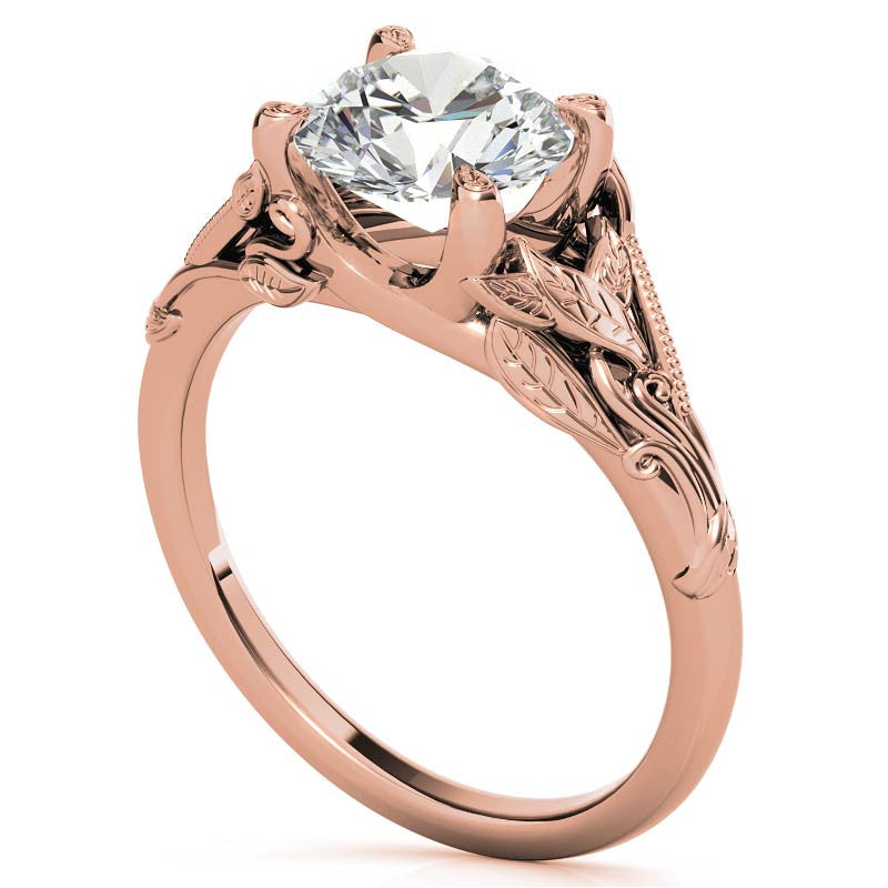 Round Leaf Engraved Moissanite Solitaire Ring