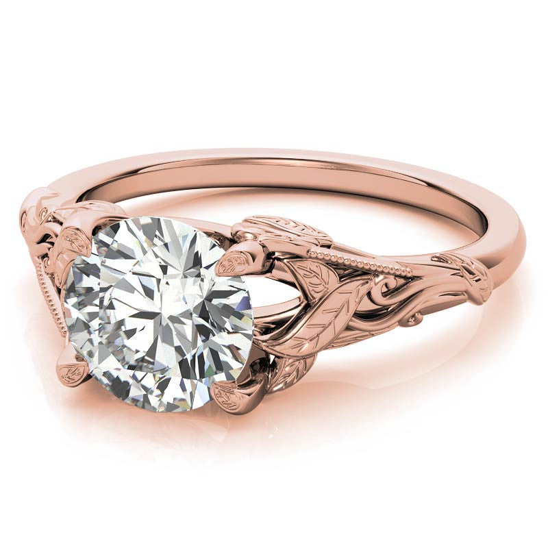 Round Leaf Engraved Moissanite Solitaire Ring