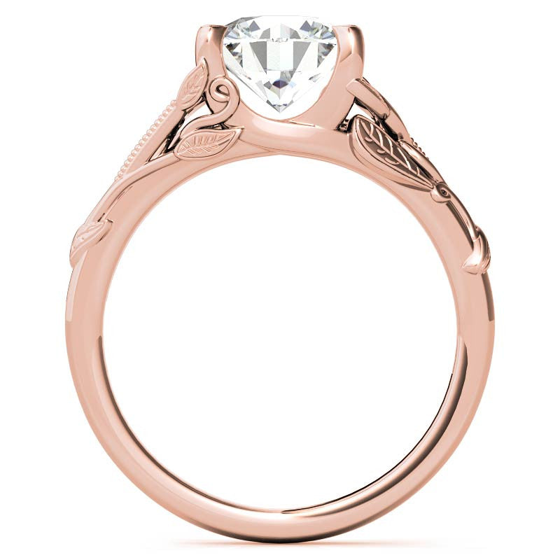 Round Leaf Engraved Moissanite Solitaire Ring