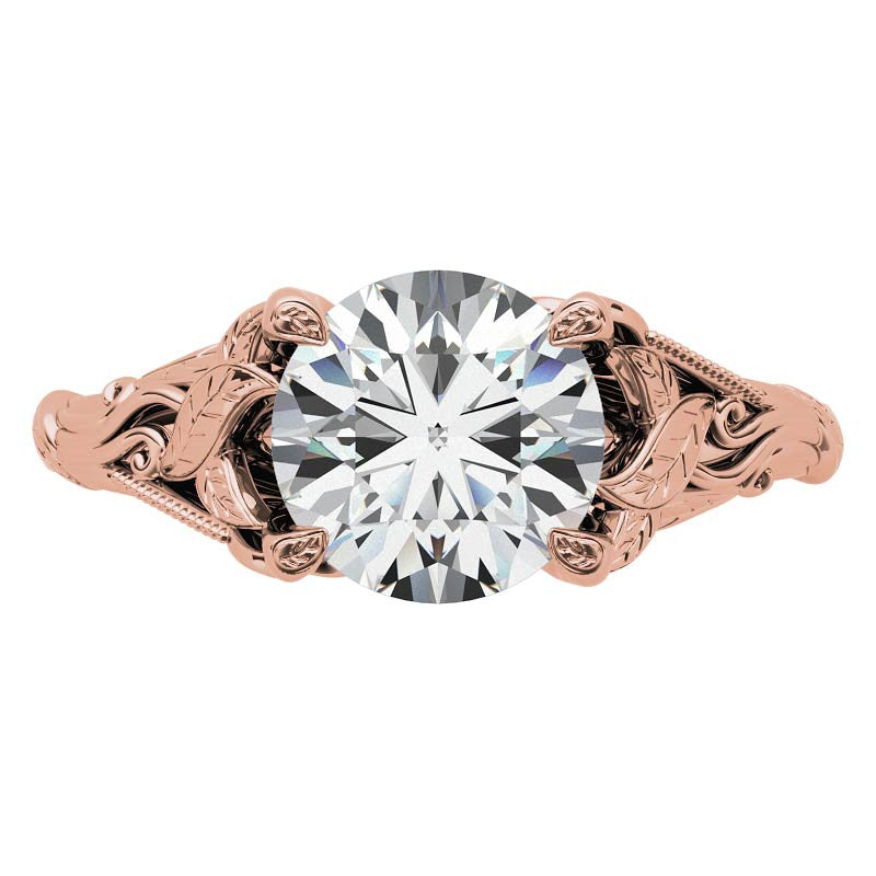Round Leaf Engraved Moissanite Solitaire Ring