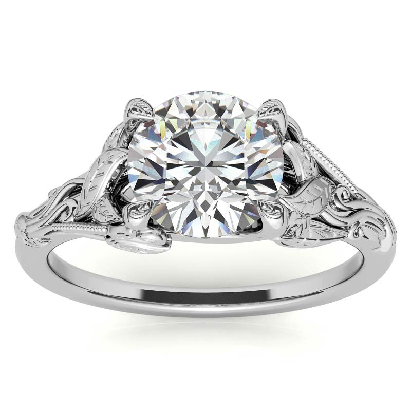 Round Leaf Engraved Moissanite Solitaire Ring