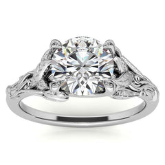 Round Leaf Engraved Moissanite Solitaire Ring