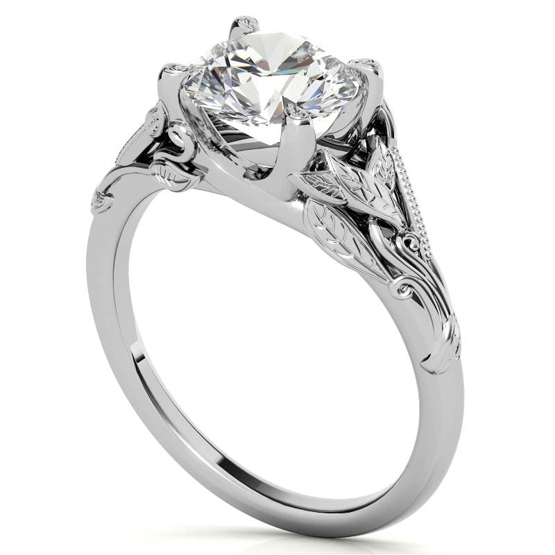 Round Leaf Engraved Moissanite Solitaire Ring
