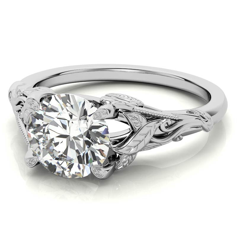 Round Leaf Engraved Moissanite Solitaire Ring