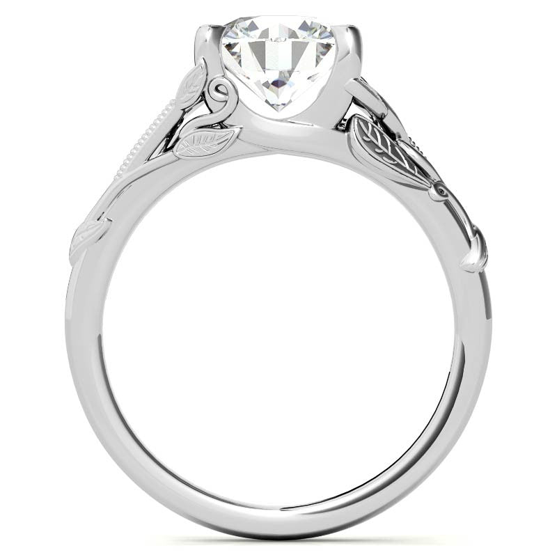 Round Leaf Engraved Moissanite Solitaire Ring