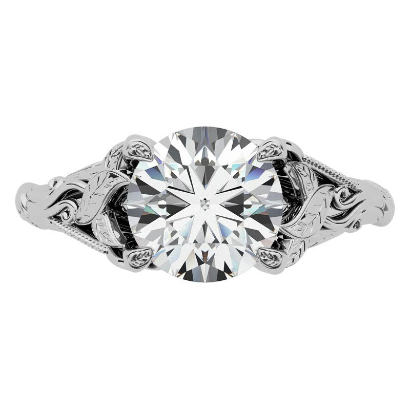 Round Leaf Engraved Moissanite Solitaire Ring