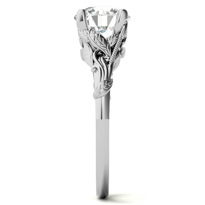Round Leaf Engraved Moissanite Solitaire Ring