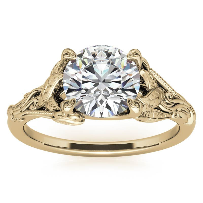 Round Leaf Engraved Moissanite Solitaire Ring
