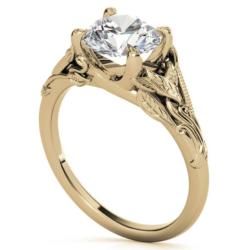 Round Leaf Engraved Moissanite Solitaire Ring
