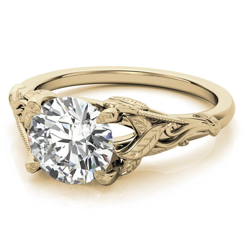 Round Leaf Engraved Moissanite Solitaire Ring