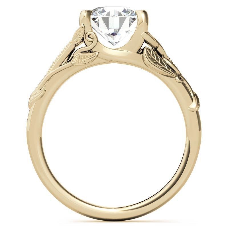 Round Leaf Engraved Moissanite Solitaire Ring