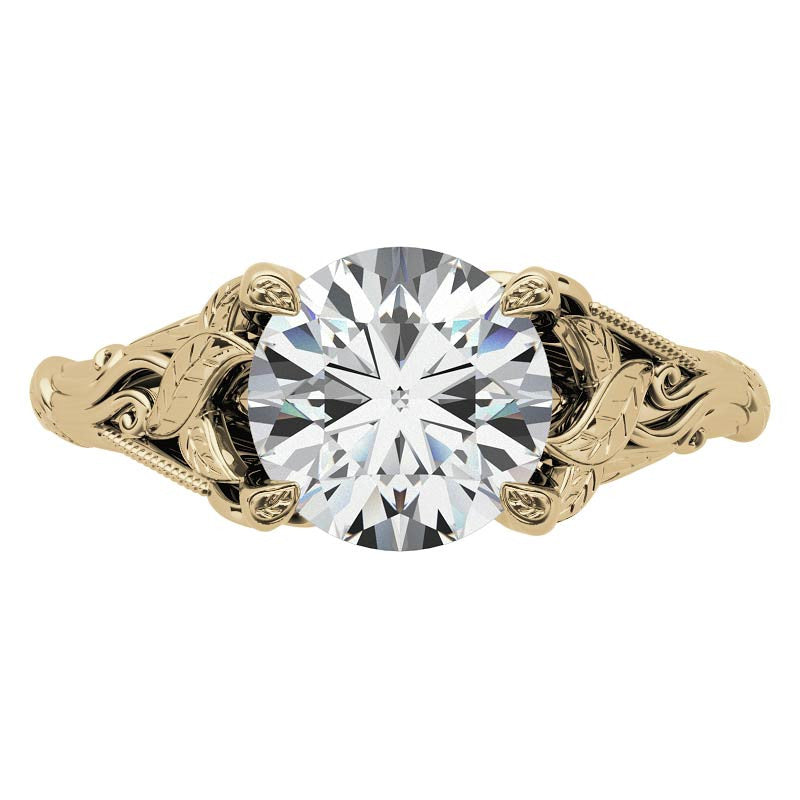Round Leaf Engraved Moissanite Solitaire Ring