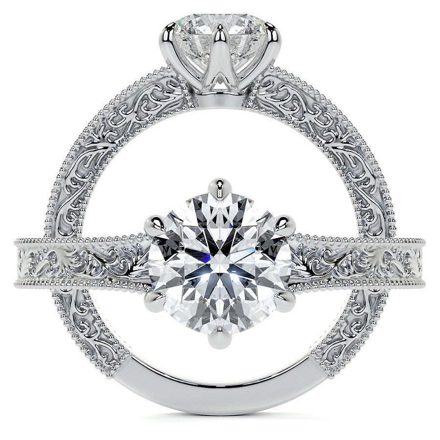 6-Prong Round Engraved Moissanite Solitaire Ring with Milgrain A