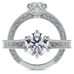 6-Prong Round Engraved Moissanite Solitaire Ring with Milgrain A